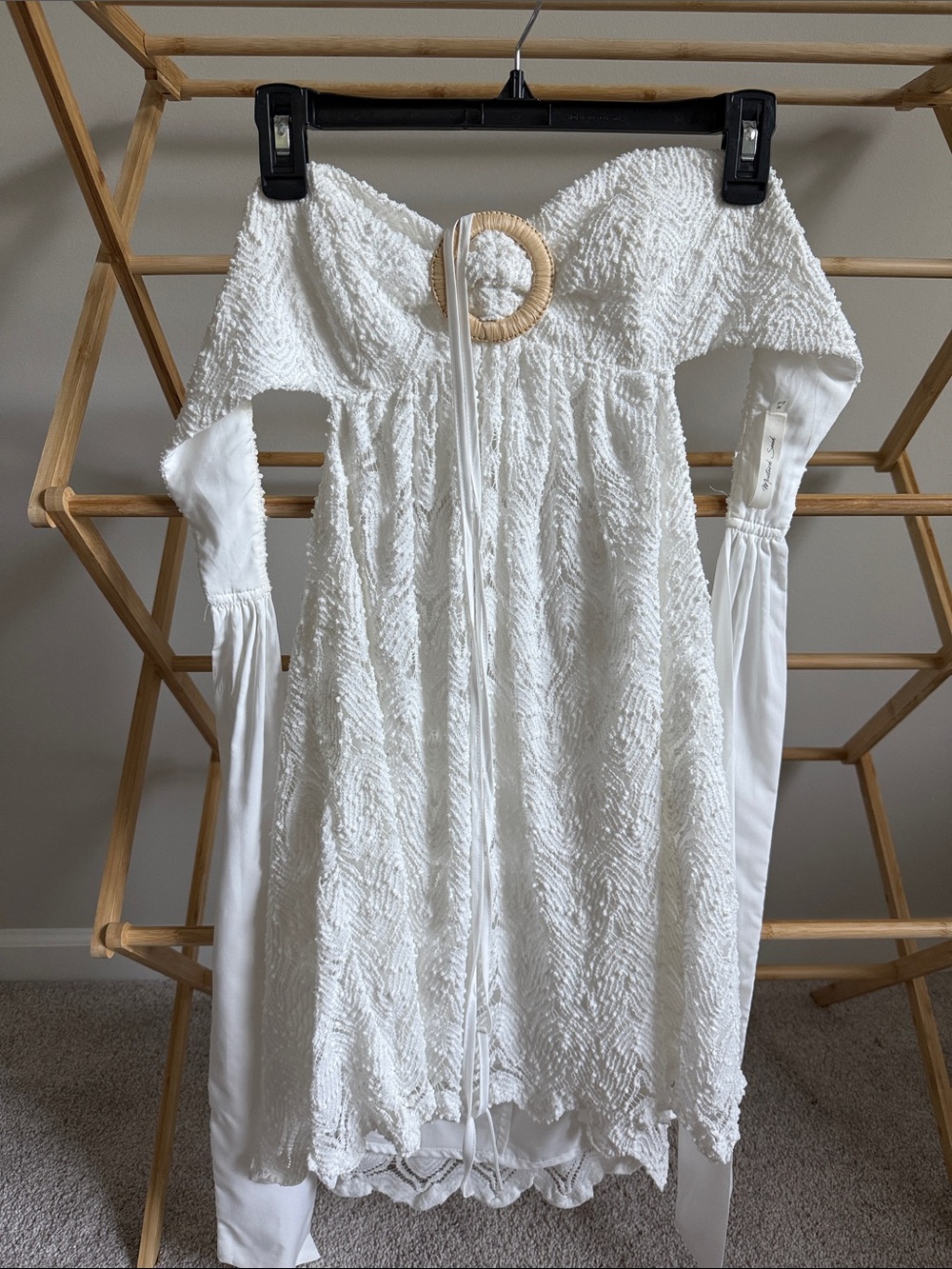 White Textured Strapless Dress with Decorative Ring